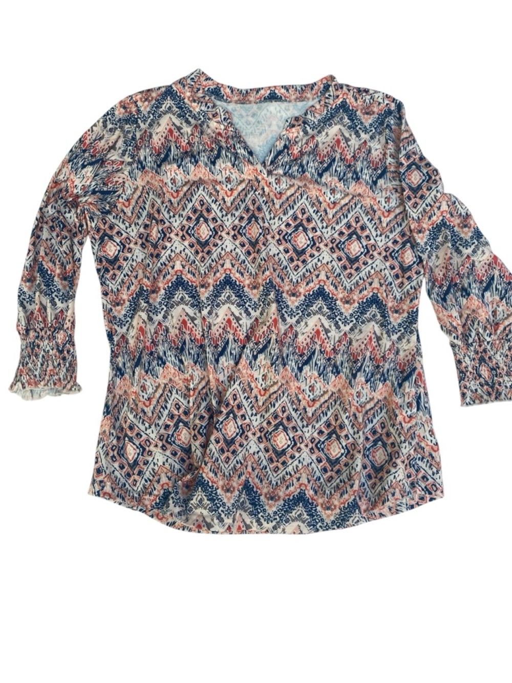 Printed V-Neck Peasant Blouse - Navy & Coral